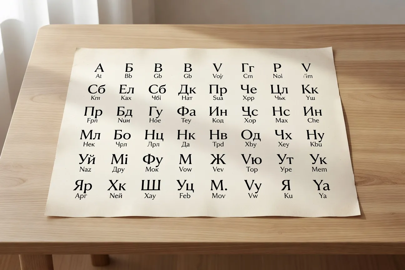 Alphabet cyrillique russe - 33 lettres avec transliteration phonetique