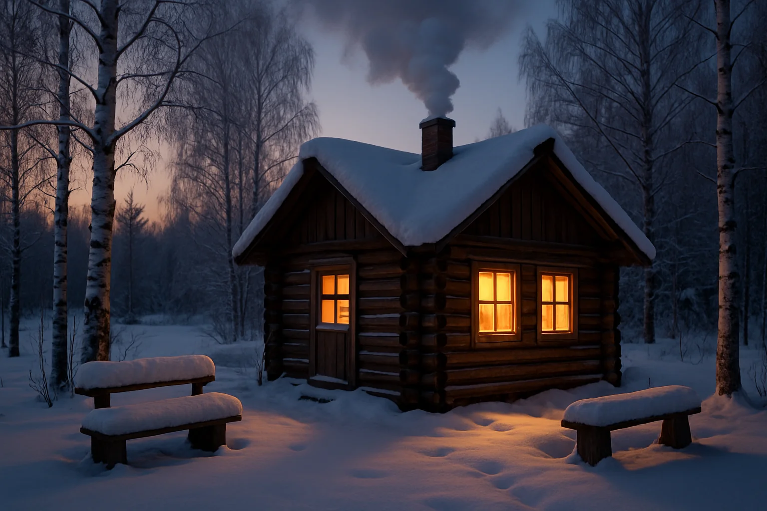 Banya russe en bois en hiver avec fumée du poêle et bancs enneigés en Sibérie