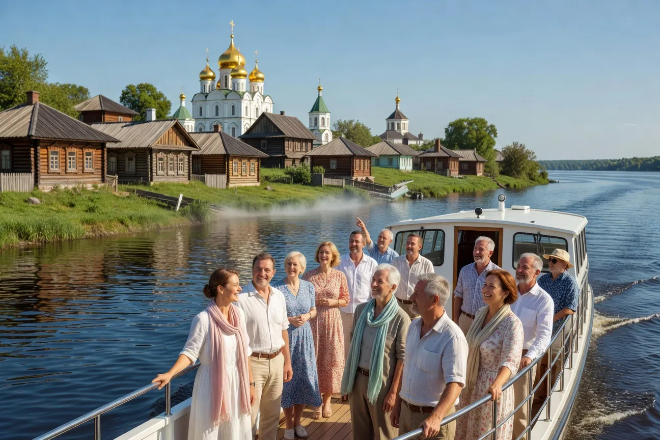 Bateau de croisiere fluviale sur la Volga avec vue sur une église orthodoxe