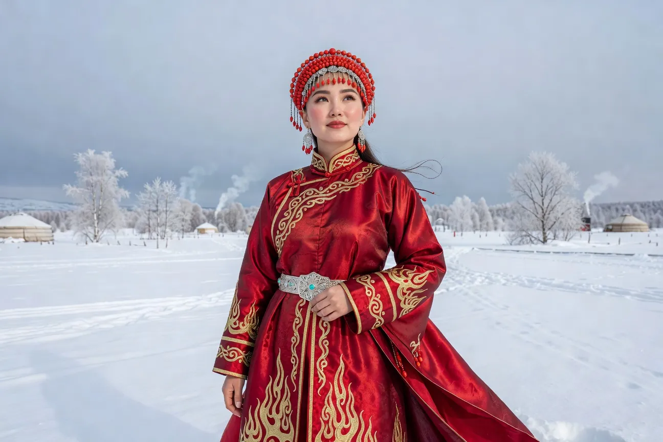 Famille bouriate en tenue traditionnelle célébrant le Sagaalgan (Nouvel An bouriate) près du lac Baïkal