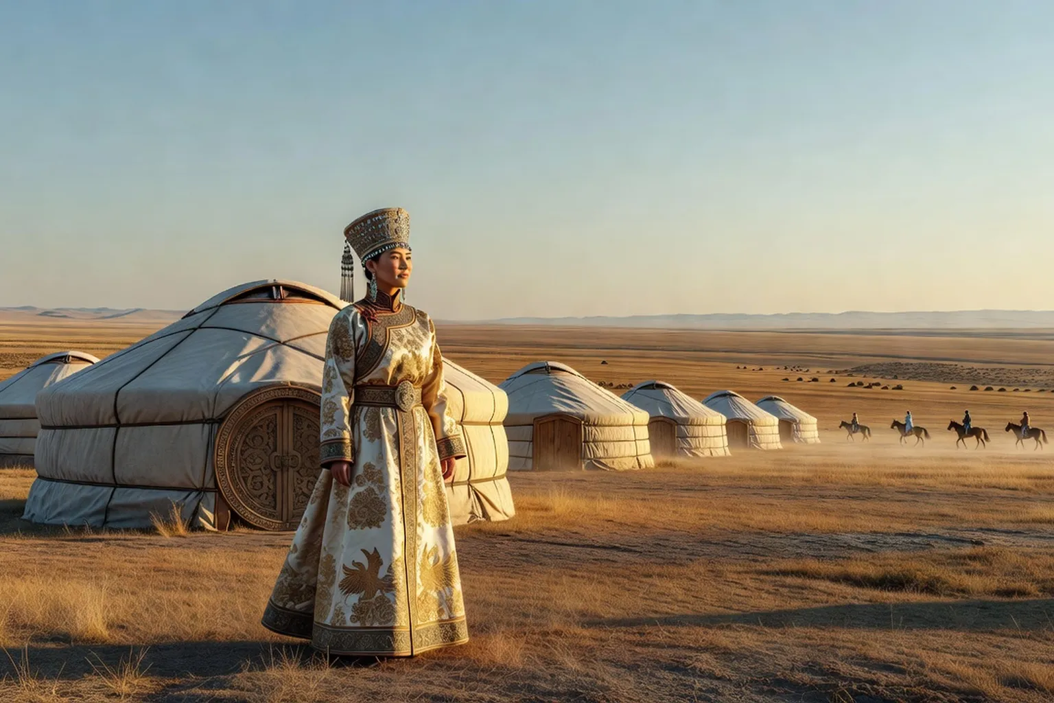 Camp nomade mongol aux yourtes alignées, avec une femme en costume d'inspiration médiévale devant la plus grande tente