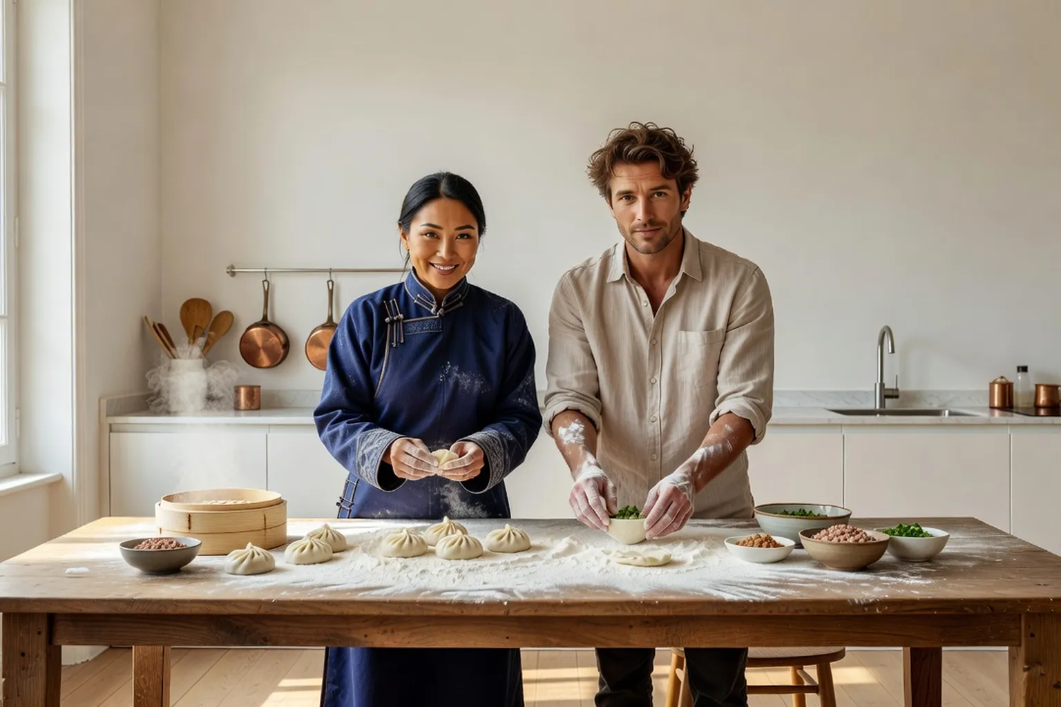 Une femme mongole et son compagnon français préparant des raviolis vapeur dans une cuisine parisienne lumineuse