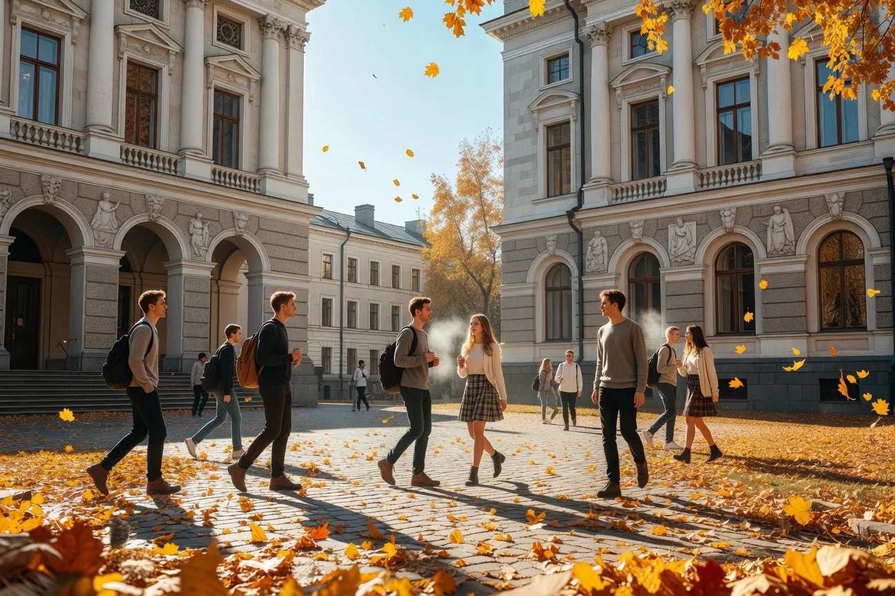 Groupe d'étudiants internationaux dans une bibliothèque universitaire russe, ambiance studieuse