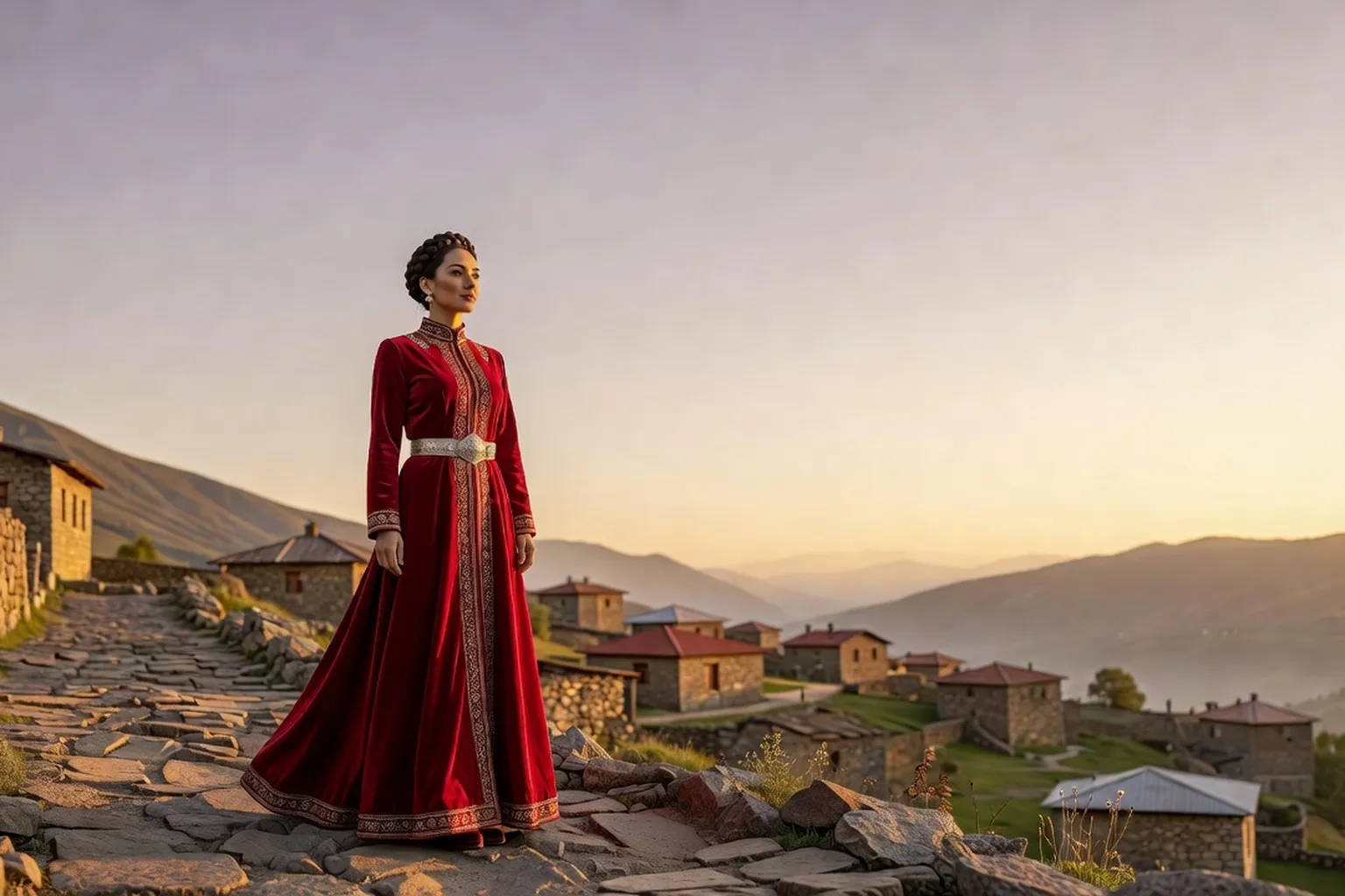 Femme en robe traditionnelle du Caucase du Nord avec ceinture brodée d'argent, devant un village de montagne à l'aube