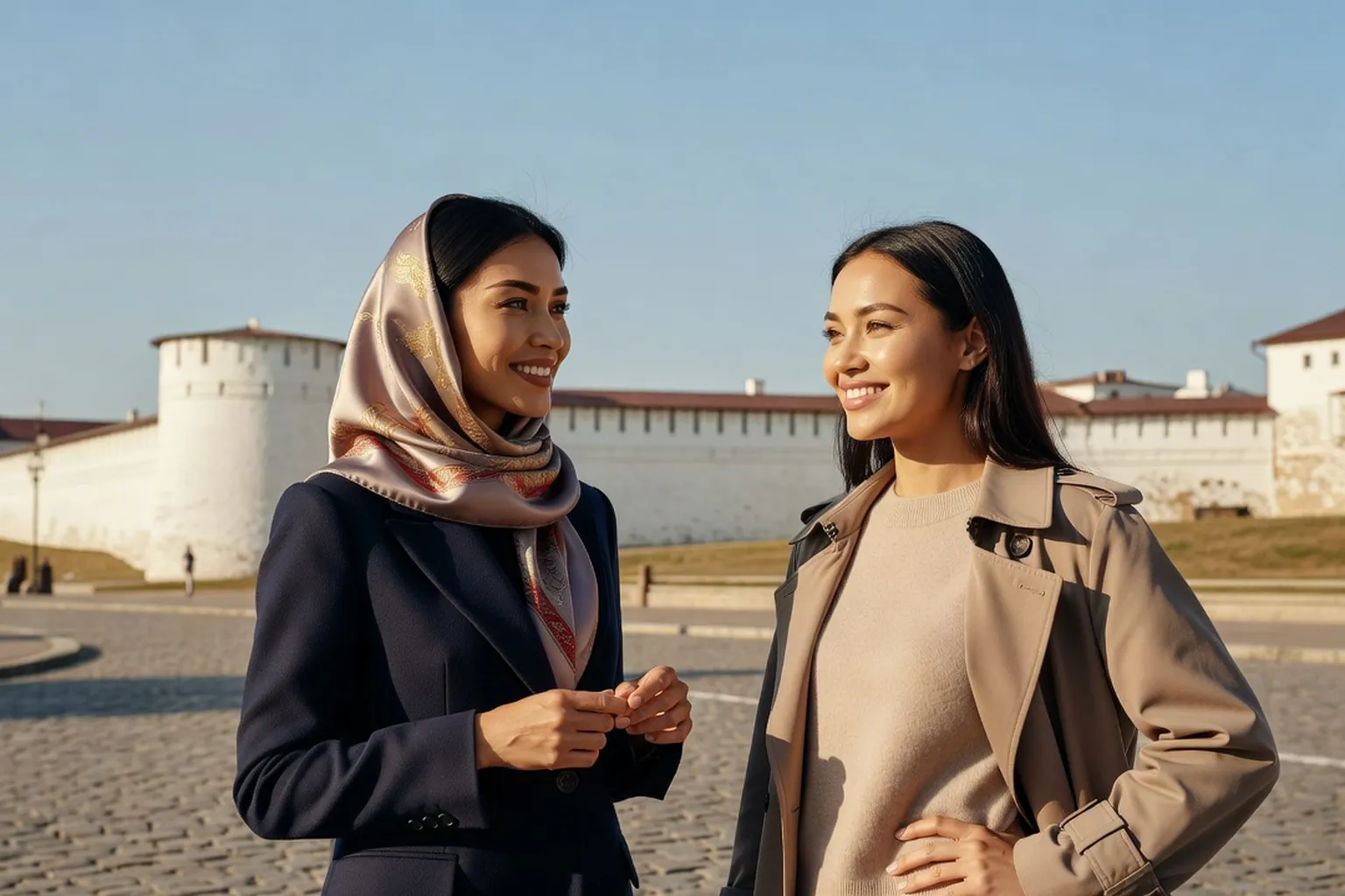 Deux femmes souriantes conversant sur une place pavée devant les murailles blanches du kremlin de Kazan