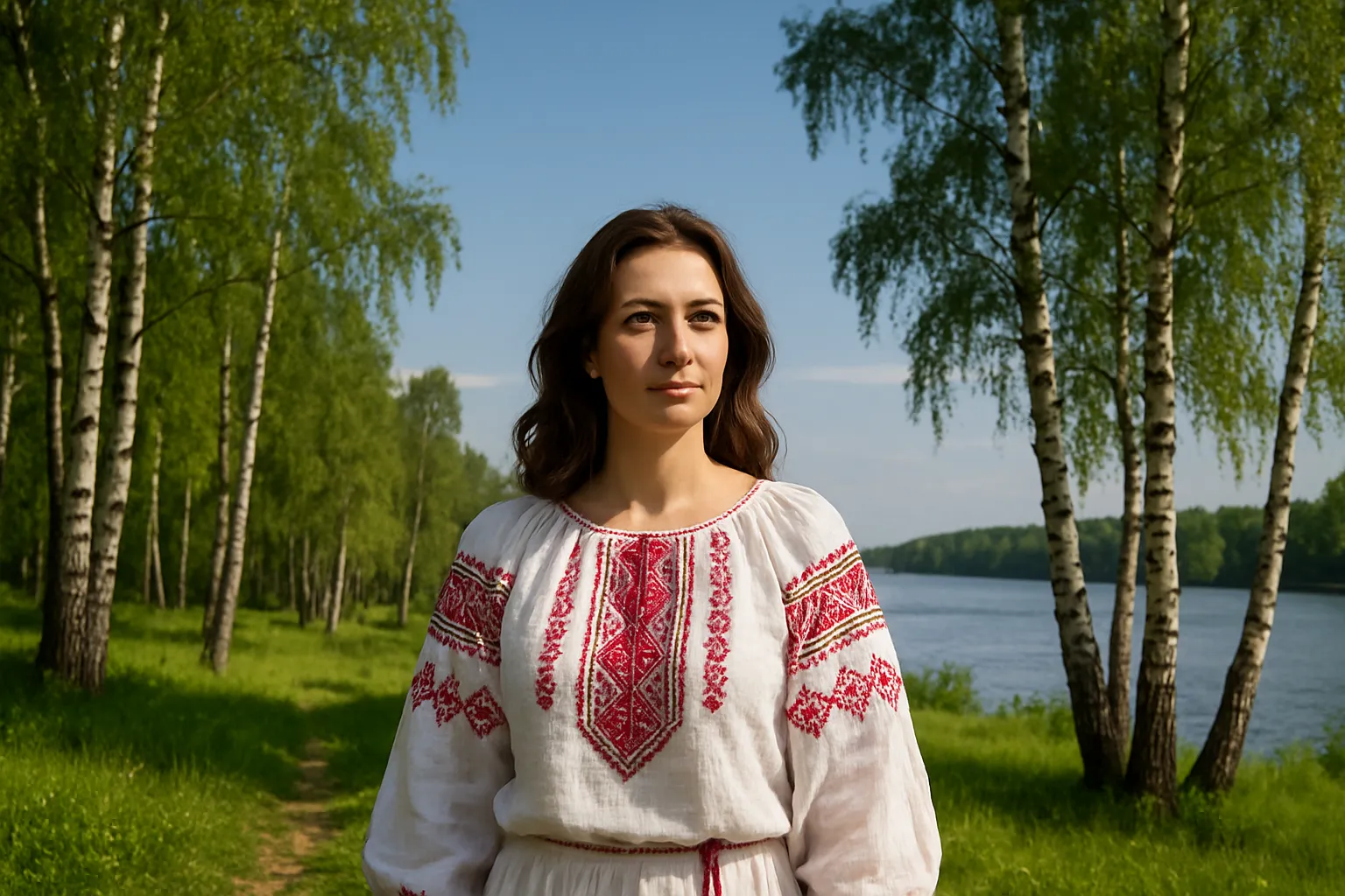 Femme en blouse brodée de motifs géométriques rouges dans un bois de bouleaux au bord de la Volga