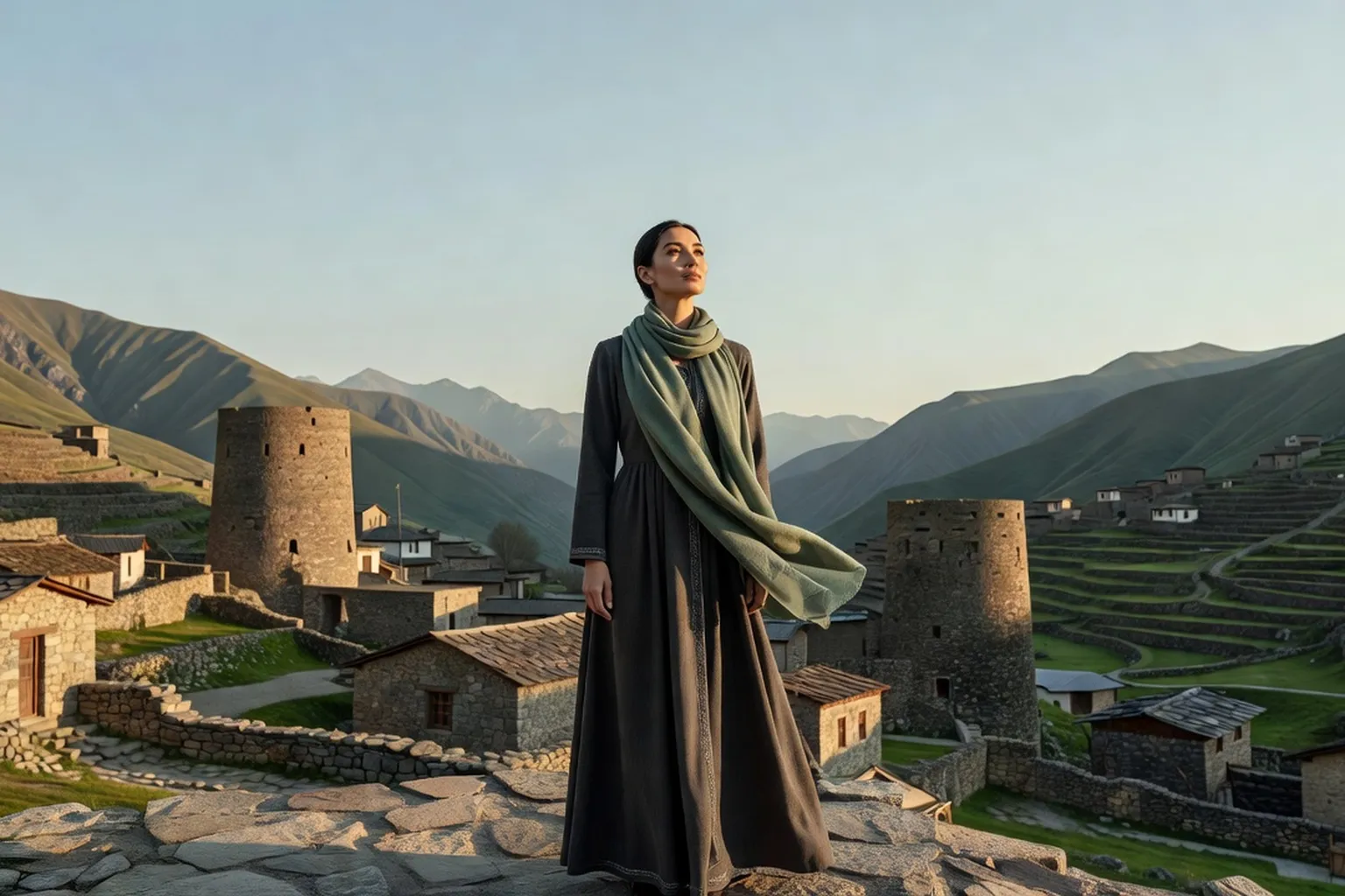 Femme en robe longue et foulard vert debout sur un rocher dominant un village de montagne du Caucase du Nord