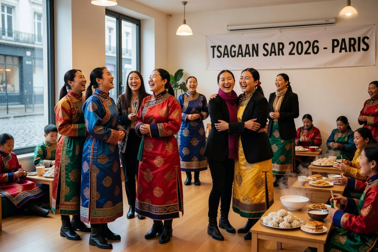 Femme mongole moderne dans un café d'Oulan-Bator avec laptop et bijoux traditionnels