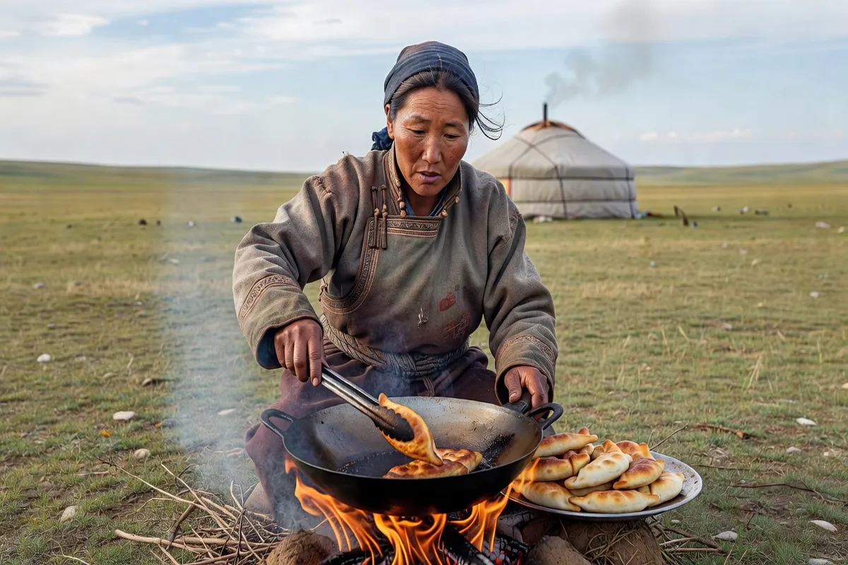 Femme mongole préparant des buuz traditionnels à la vapeur dans une cuisine de yourte