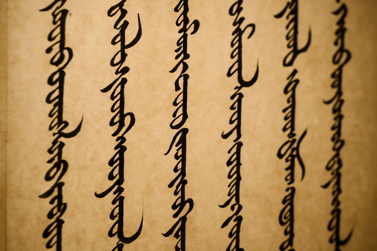 Calligraphie de l'alphabet mongol traditionnel vertical mongol bichig sur parchemin, caractères élégants