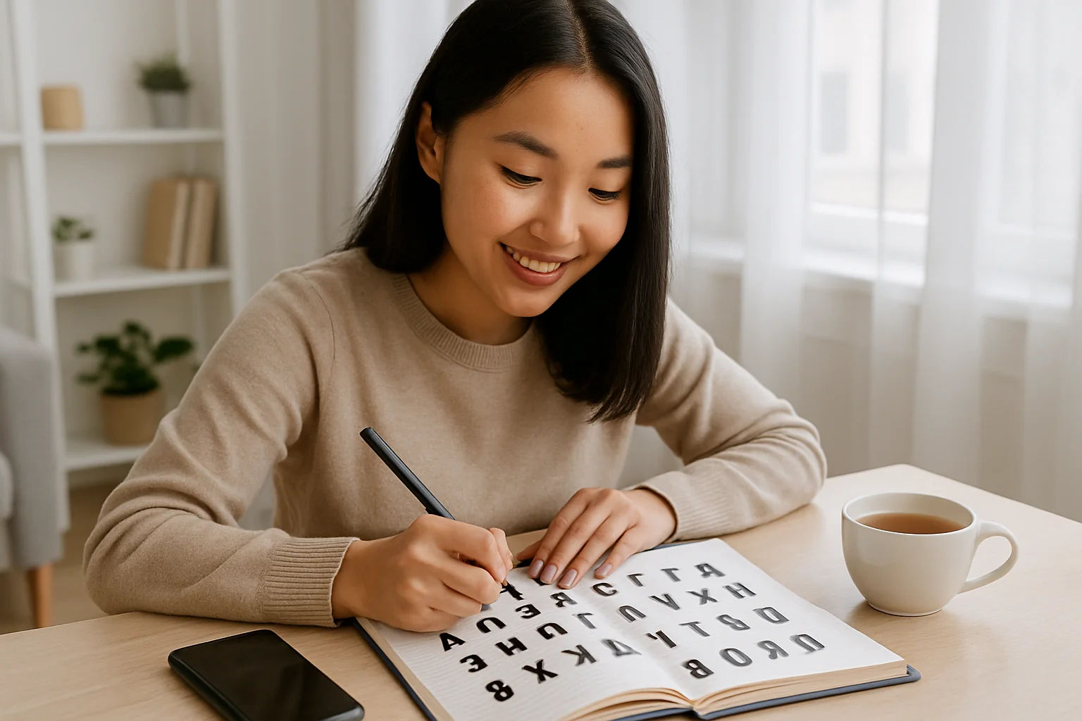 Jeune femme mongole étudiant le mongol avec un cahier et un smartphone, cahier d'alphabet cyrillique ouvert