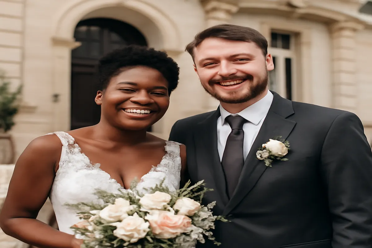 Couple franco-russe recevant son livret de famille français après transcription de leur mariage, moment de soulagement