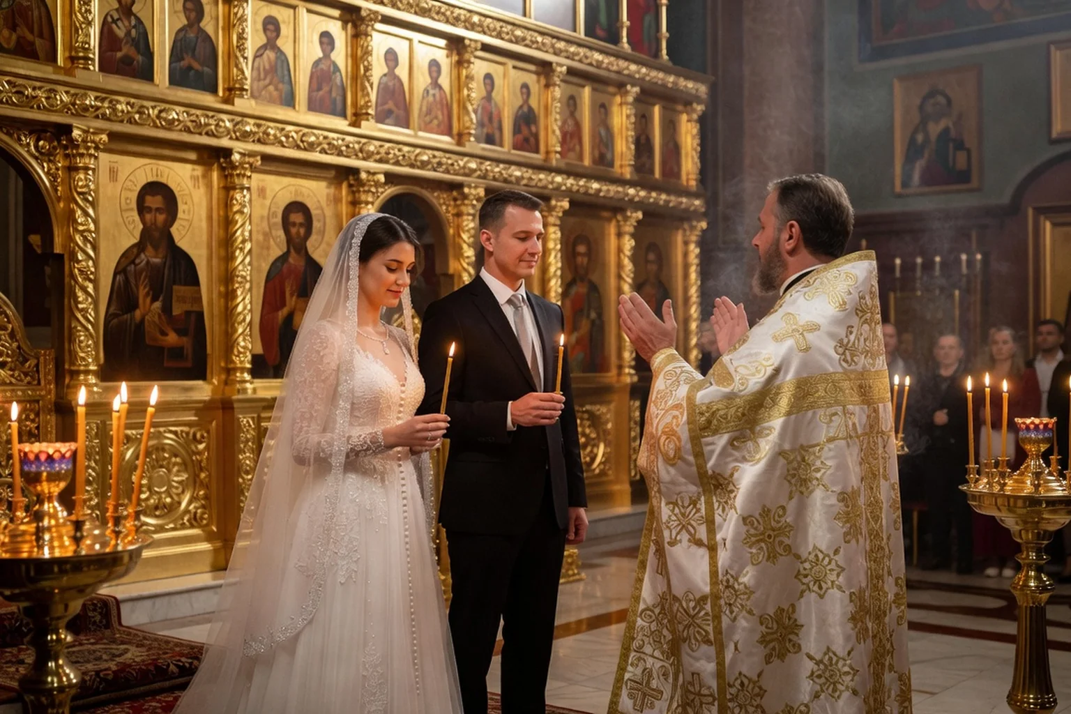 Mariée orthodoxe russe en robe blanche tenant un cierge devant l'iconostase d'une eglise