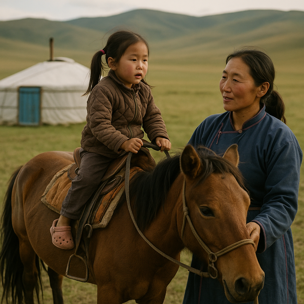Femme mongole appliquant un soin traditionnel à base d'airag, yourte en arrière-plan, lumière naturelle dorée