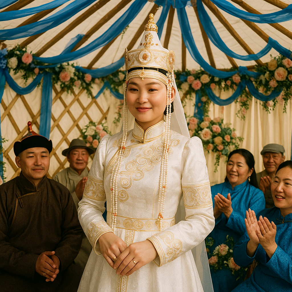 Cérémonie de mariage mongol traditionnelle, mariée en deel blanc brodé, votre décorée de rubans bleus