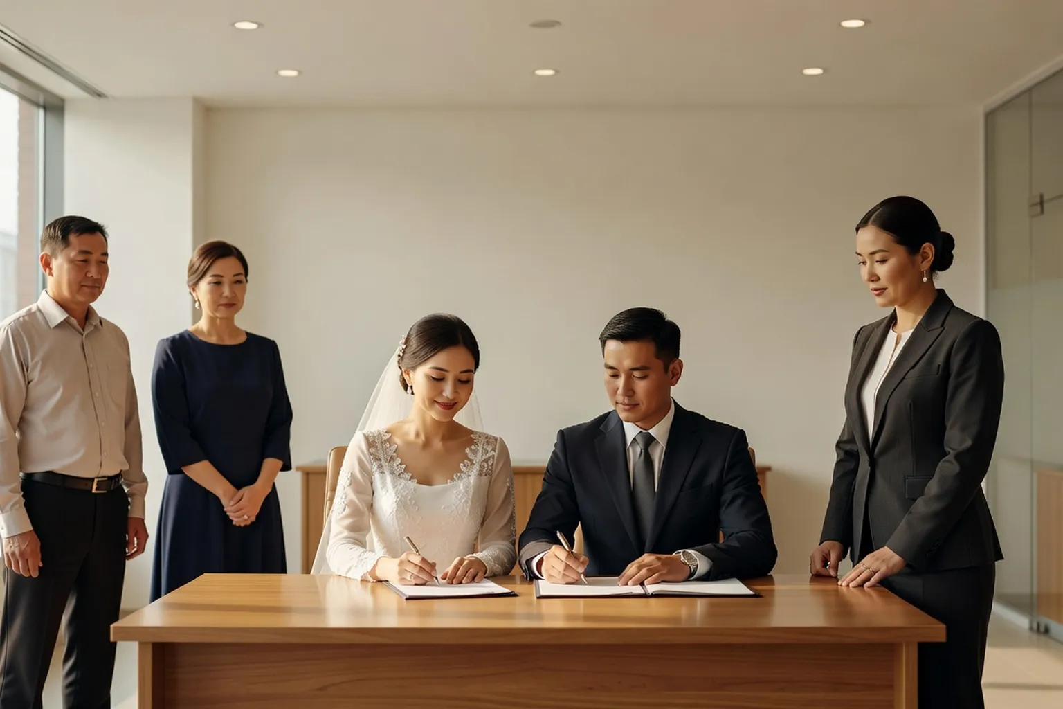Couple signant son acte de mariage devant une officière d'état civil, avec deux témoins