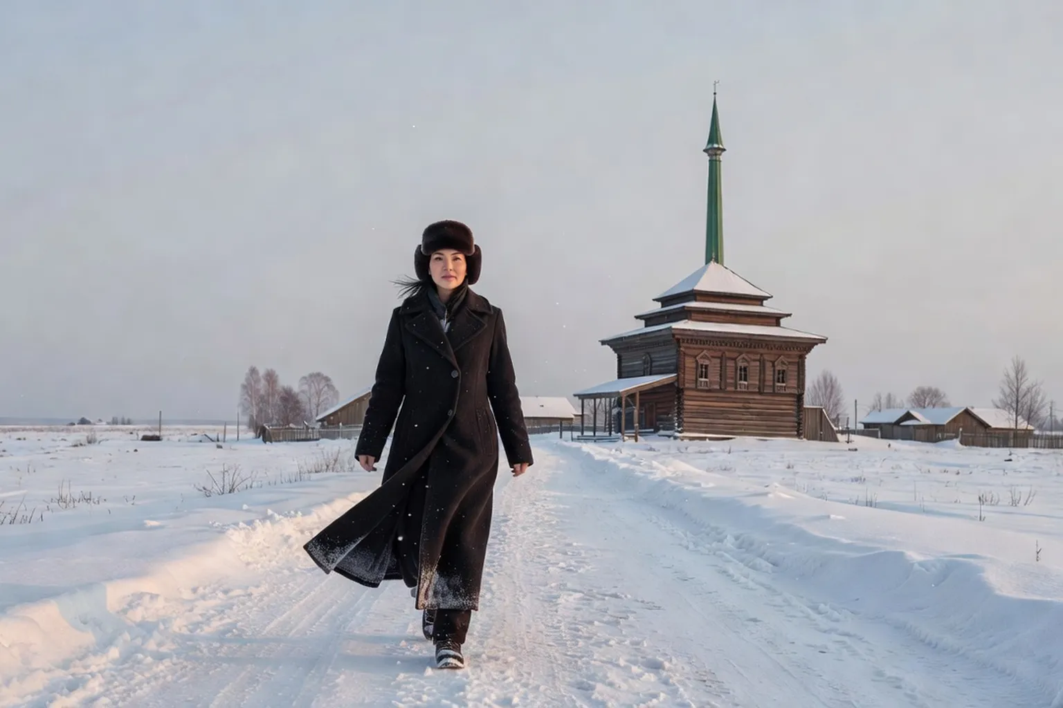 Femme en manteau noir et chapka marchant dans la neige devant une ancienne mosquée en bois à minaret vert