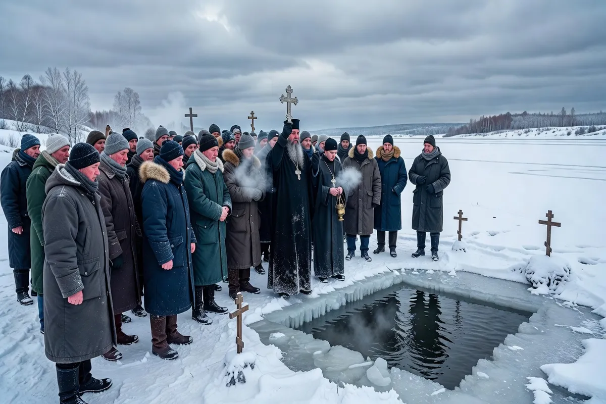 Fidèles orthodoxes russes se baignant dans un trou creusé dans la glace pour la fête de l'Épiphanie