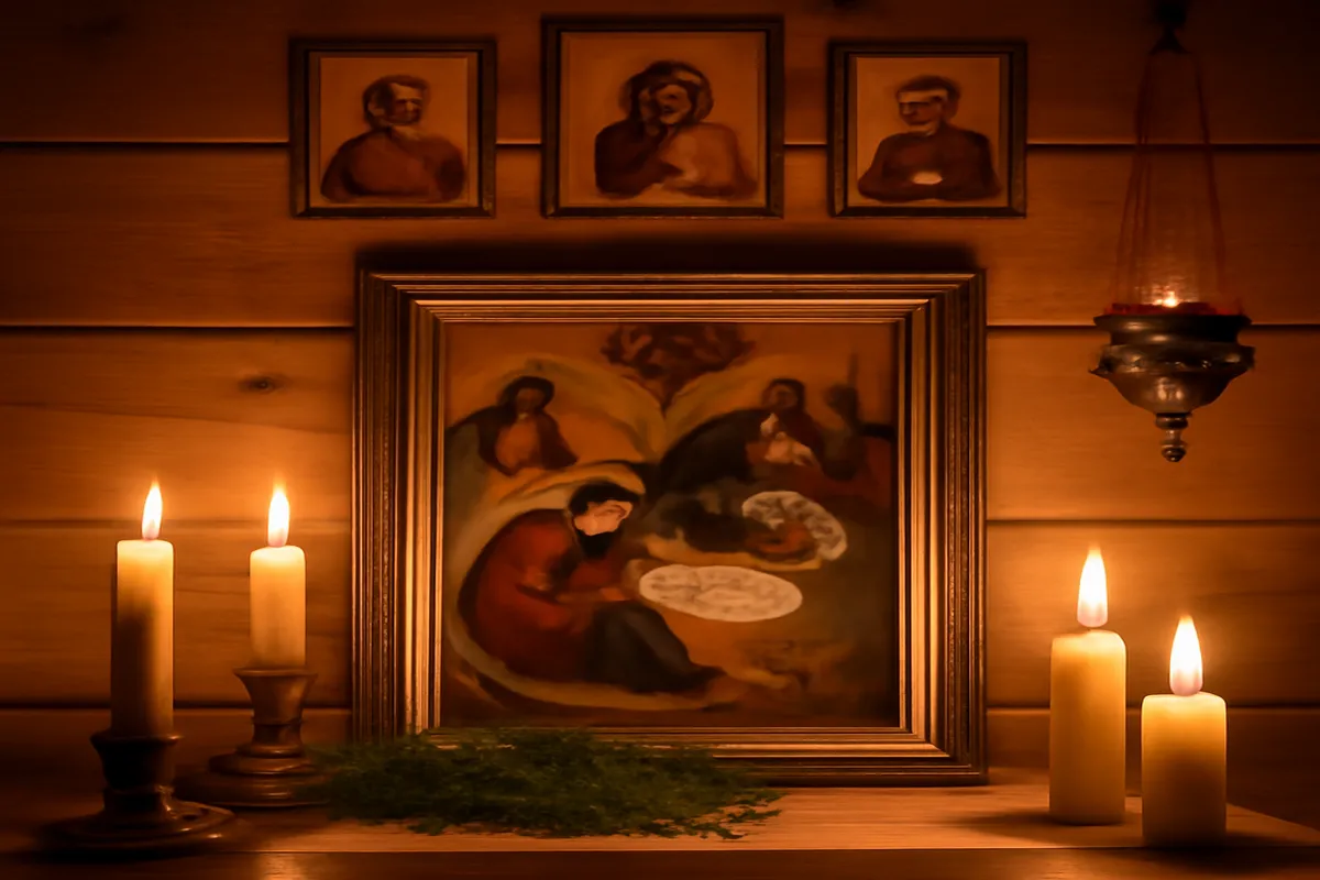 Table de fête pascale orthodoxe russe avec koulitch, oeufs peints et paskha traditionnelle