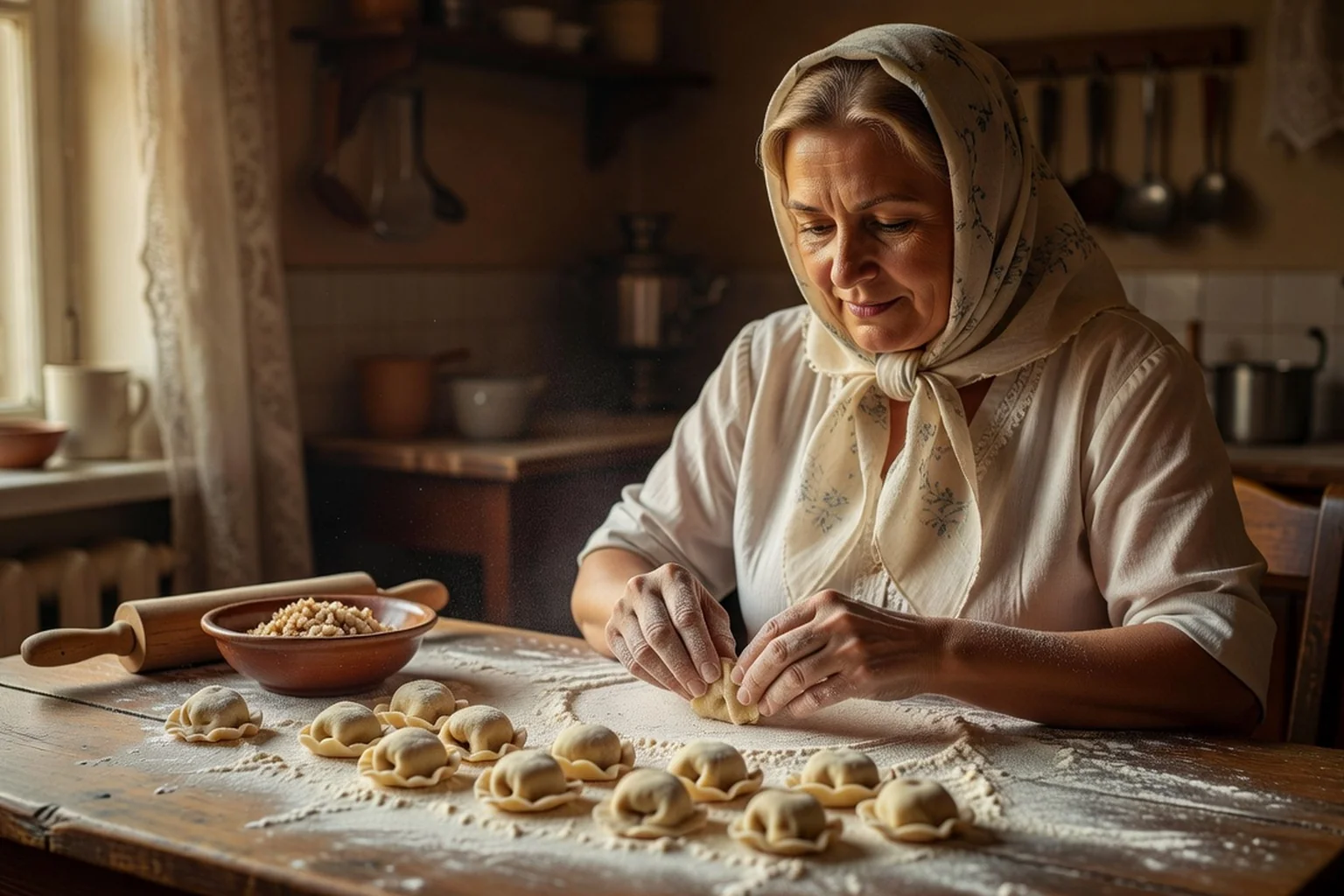Femme russe preparant des pelmeni a la main sur une table en bois avec farce et pate finement etalee