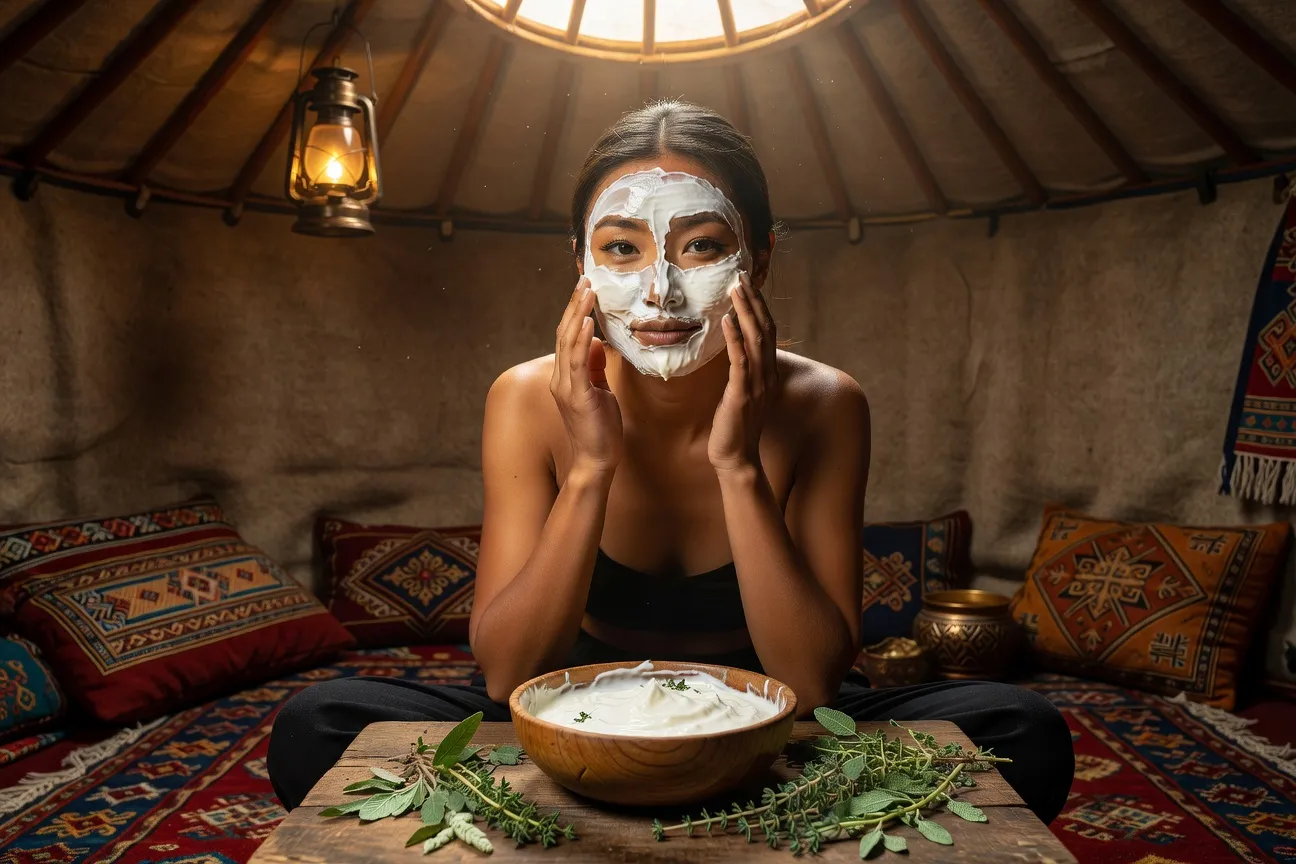 Femme mongole pratiquant un rituel de beaute traditionnel au lait fermente dans une yourte