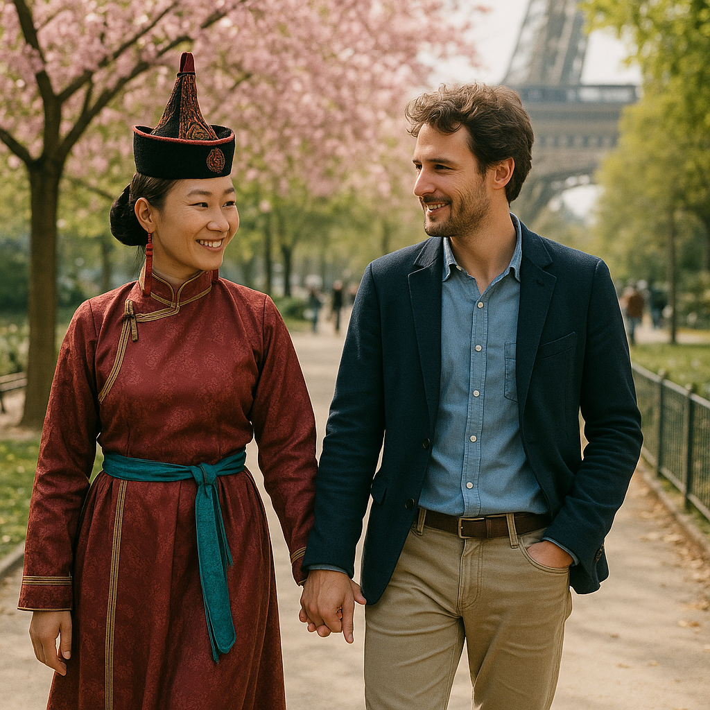 Couple franco-mongol marchant main dans la main dans la steppe mongole au crépuscule