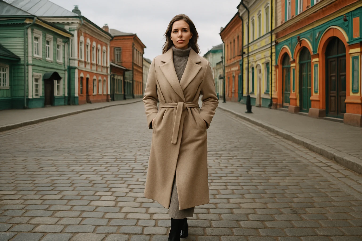 Ruelle pavee du vieux Kazan avec facades colorees et une femme en manteau elegant marchant vers la camera