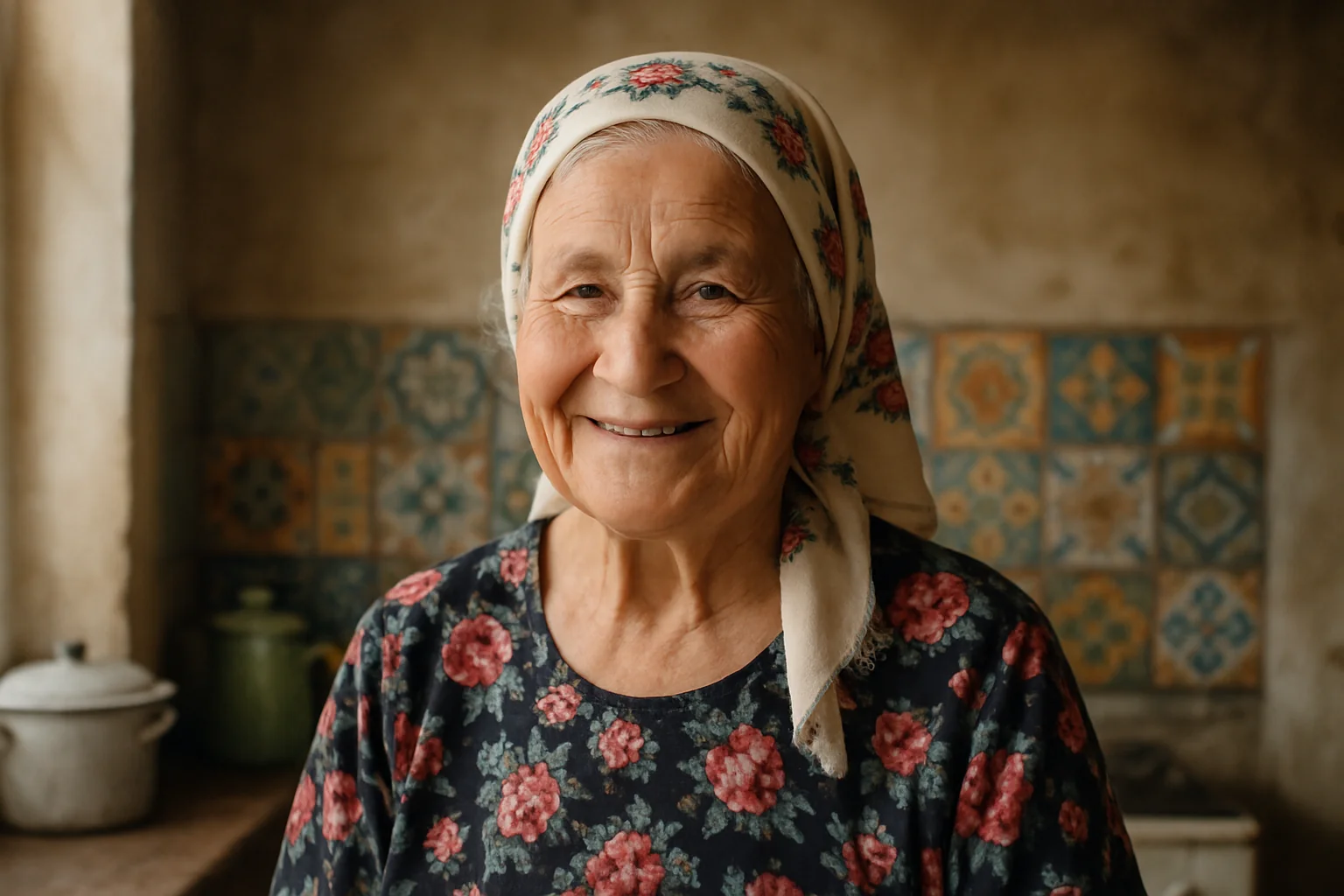 Femme âgée moldave souriante portant un foulard traditionnel brodé dans une cuisine rustique à la faïence colorée