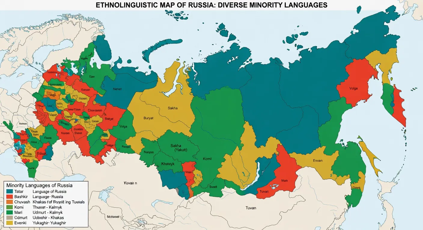 Carte ethnolinguistique colorée de la Russie montrant la diversité des langues minoritaires