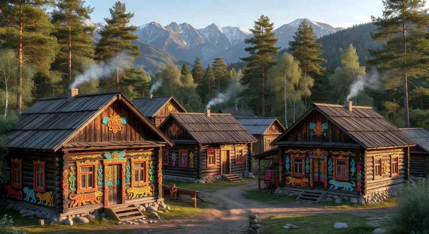 Village traditionnel de l'Altaï avec maisons en bois décorées aux motifs altaïens dans un paysage montagnard