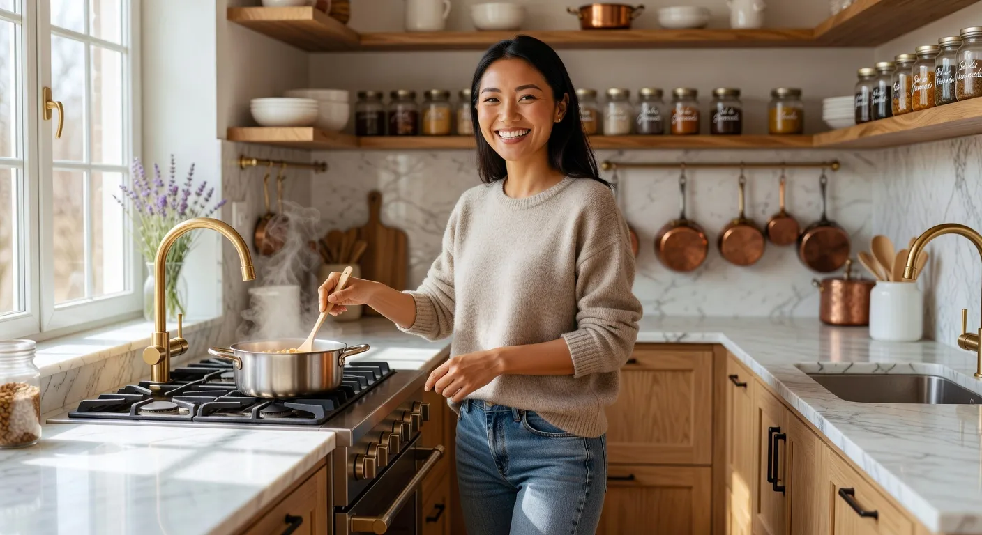 Femme mongole en cuisine française, souriant, préparant un repas dans un intérieur moderne et chaleureux