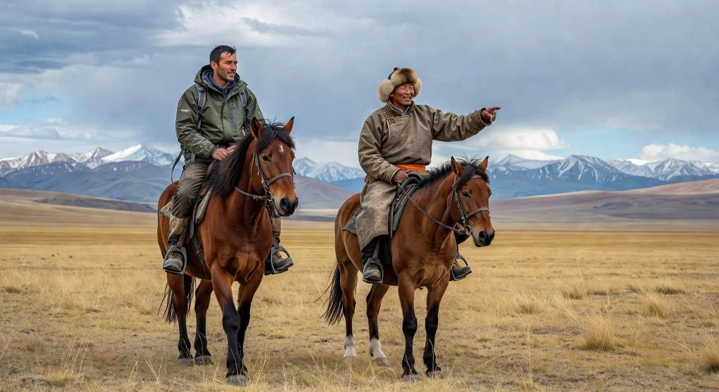 Voyageur français en randonnée dans les steppes mongoles avec guide local et chevaux