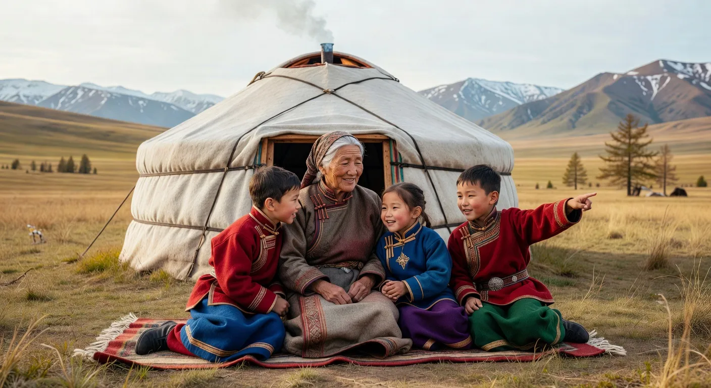 Famille bouriate traditionnelle devant leur ger en campagne sibérienne — transmission culturelle chamanique