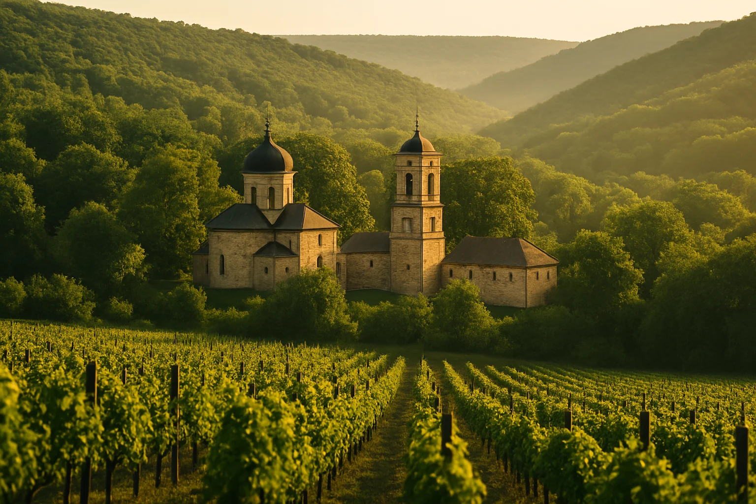 Monastère en pierre de Căpriana niché dans une forêt verte de Moldavie, vignobles au premier plan, lumière dorée du matin