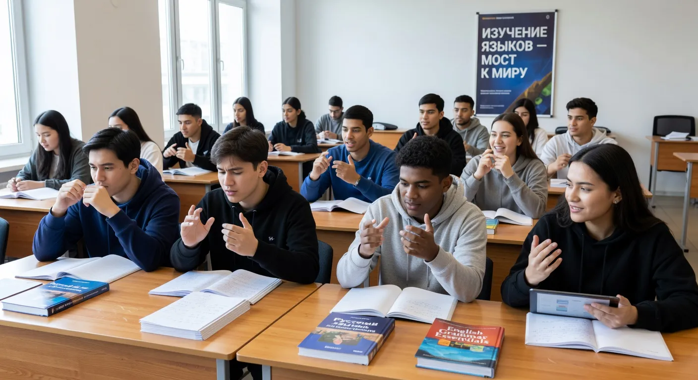 Étudiants diversifiés apprenant des langues dans une salle de classe — enseignement des langues minoritaires en Russie