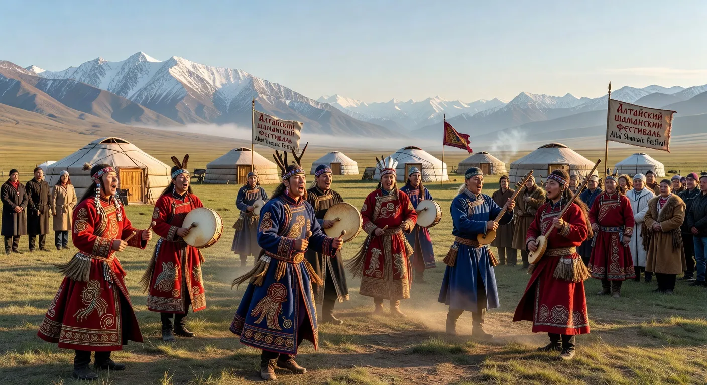 Festival de chamane en plein air dans l'Altaï russe — danseurs et musiciens en costumes traditionnels