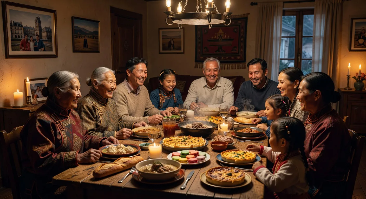 Réunion de famille franco-mongole autour d'un repas festif, mélange de cultures françaises et mongoles