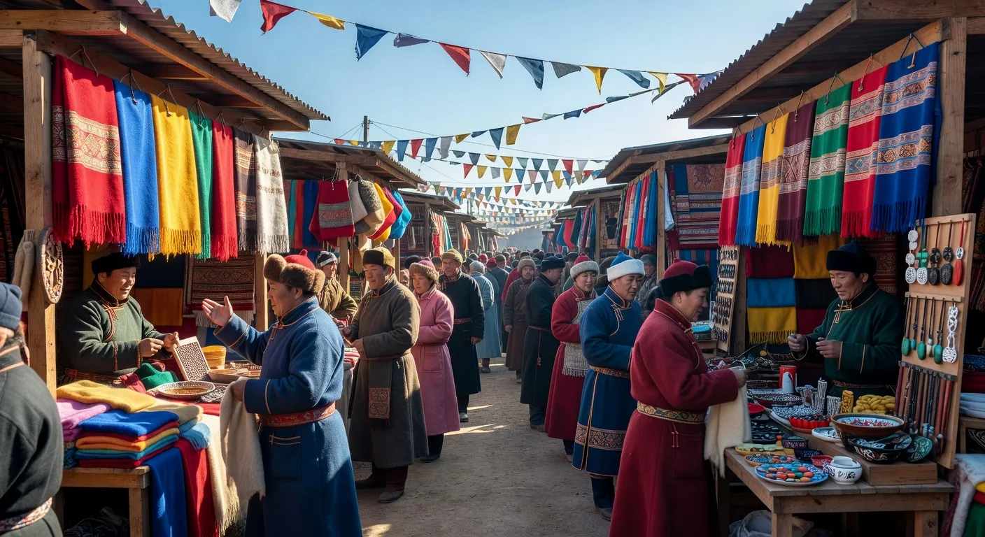 Marché traditionnel d'Oulan-Bator avec stands d'artisanat mongol, cashmere et textiles colorés