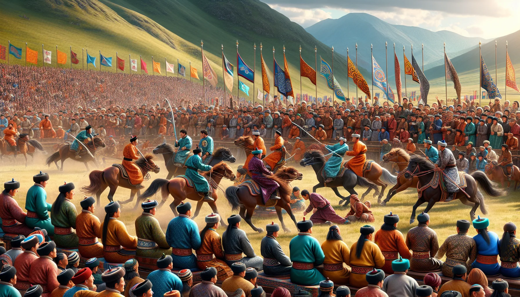 Festival Naadam en Mongolie - competitions traditionnelles de lutte, tir a l'arc et courses de chevaux