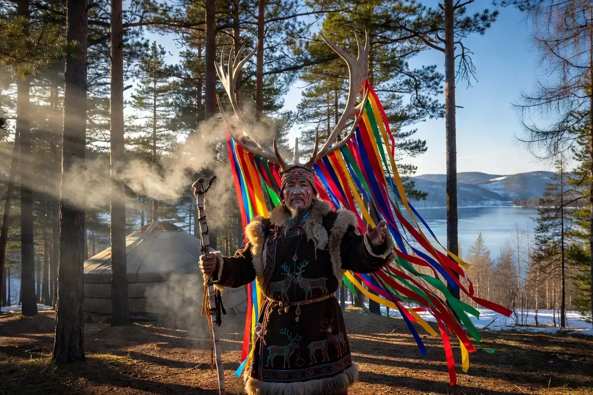 Chamane bouriate en costume rituel dans la forêt de Sibérie orientale près du lac Baïkal