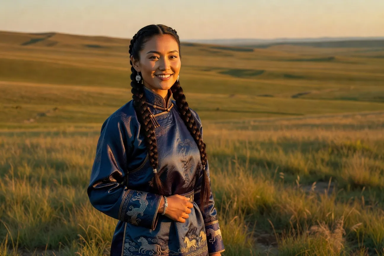 Femme mongole en tenue traditionnelle deel au coucher du soleil dans la steppe, yourte en arrière-plan