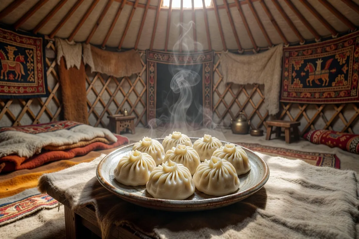 Table traditionnelle mongole avec buuz vapeur, thé au beurre salé et viande de mouton dans une yourte
