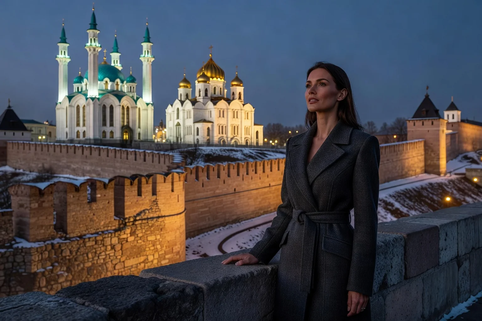 Vue du Kremlin de Kazan au crépuscule avec la mosquée Qolsharif illuminée et une femme élégante au premier plan sur les remparts
