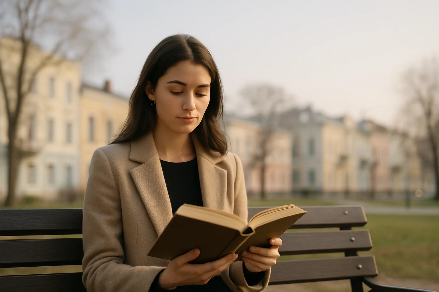 Jeune femme moldave élégante lisant un livre assise sur un banc à Chișinău, façades d'Europe de l'Est en arrière-plan