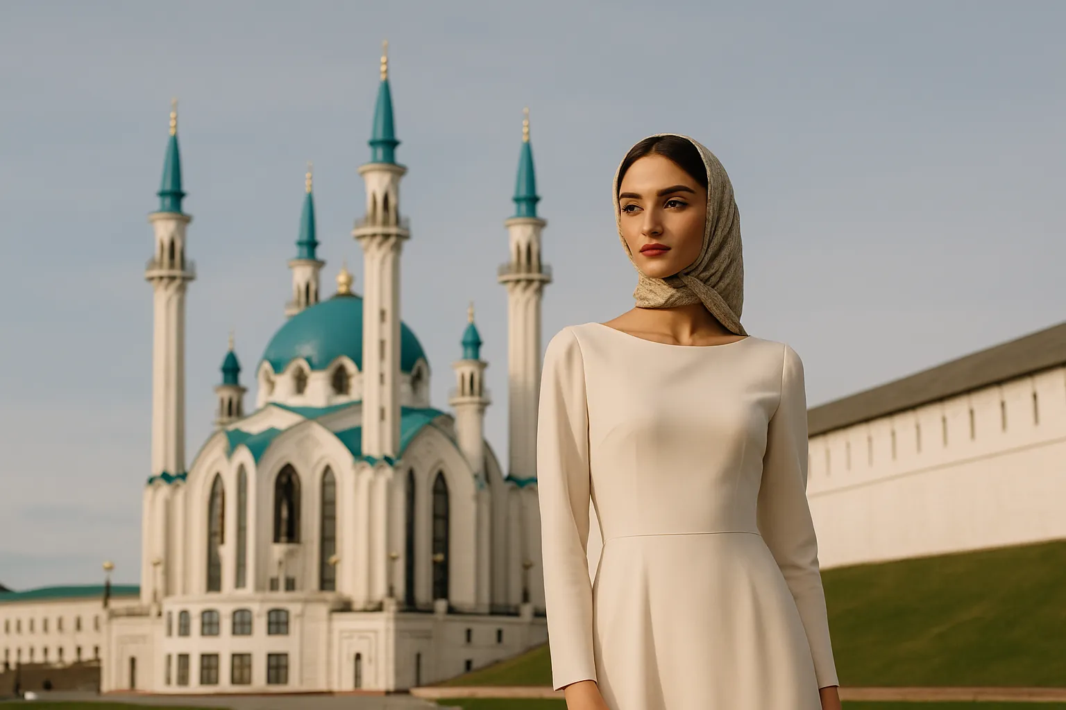 Femme élégante en foulard clair devant une grande mosquée blanche aux coupoles turquoise dans l'enceinte d'un kremlin