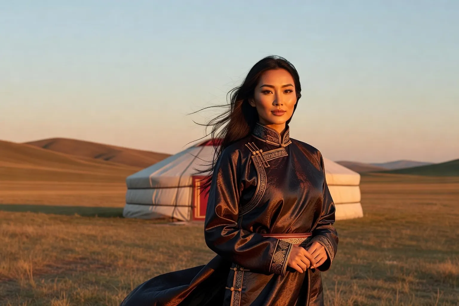 Femme mongole élégante en deel traditionnel devant une yourte blanche dans la steppe au coucher du soleil