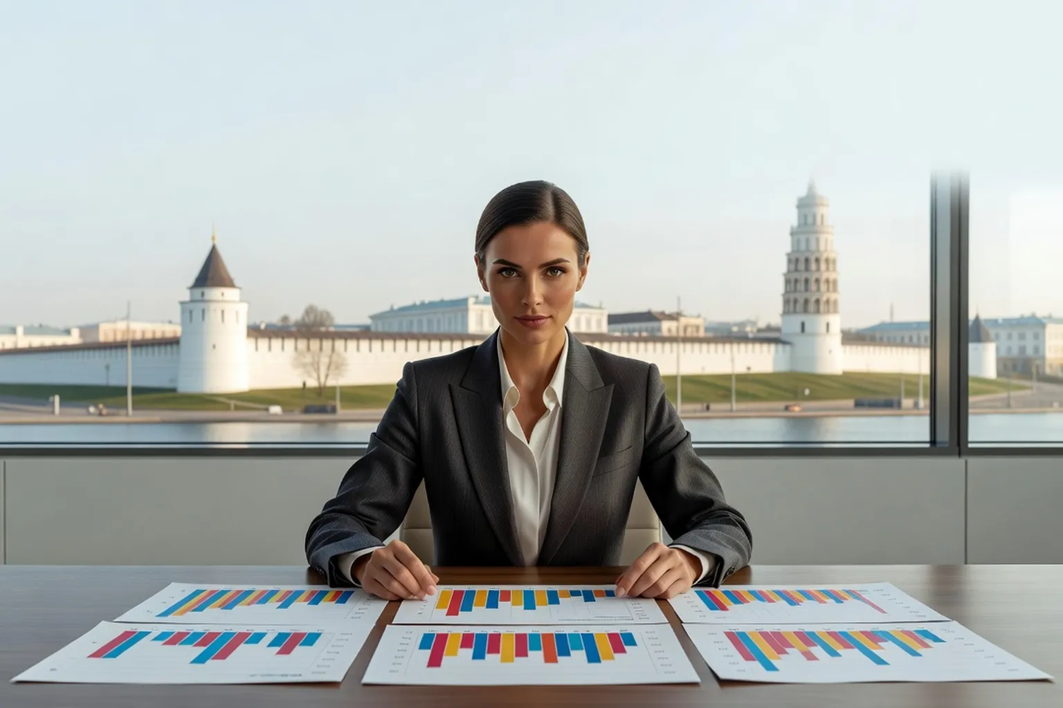 Femme élégante en tailleur assise devant des graphiques statistiques imprimés, avec les murailles du kremlin de Kazan à la fenêtre