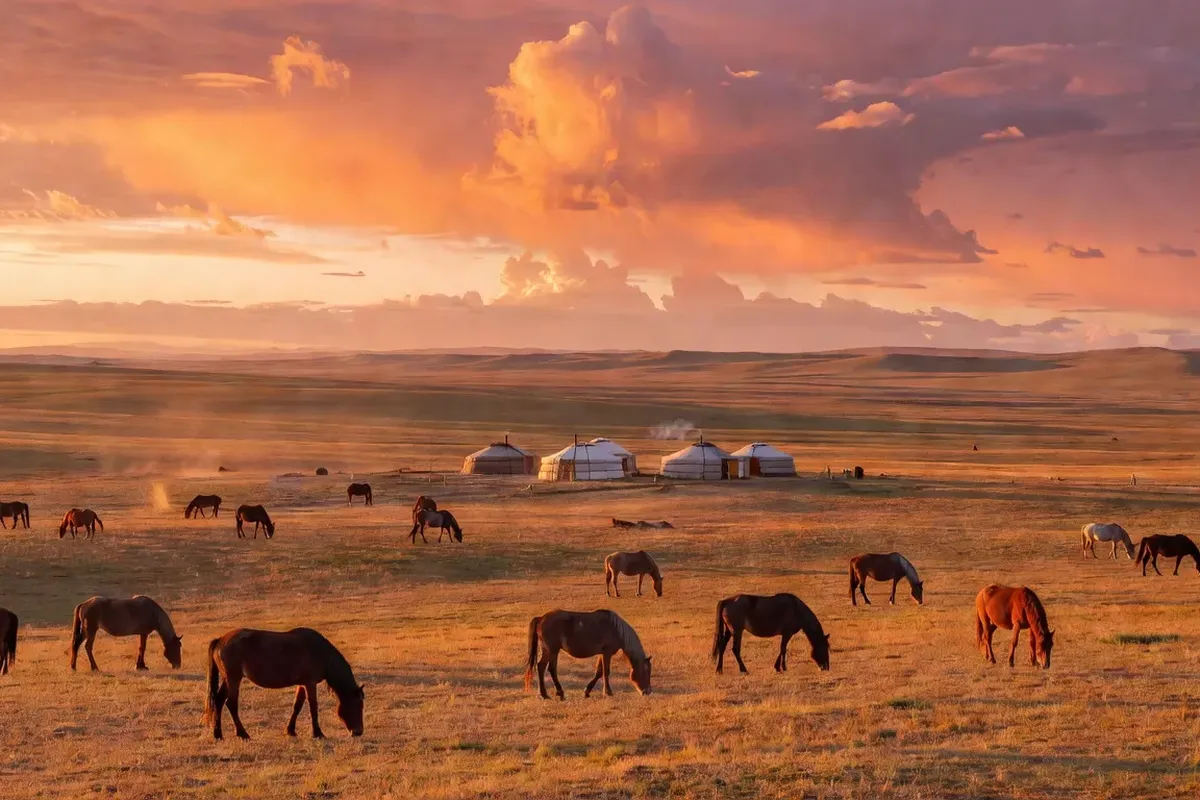 Paysage de steppe mongole avec yourtes traditionnelles au coucher du soleil, couleurs chaudes et lumineuses